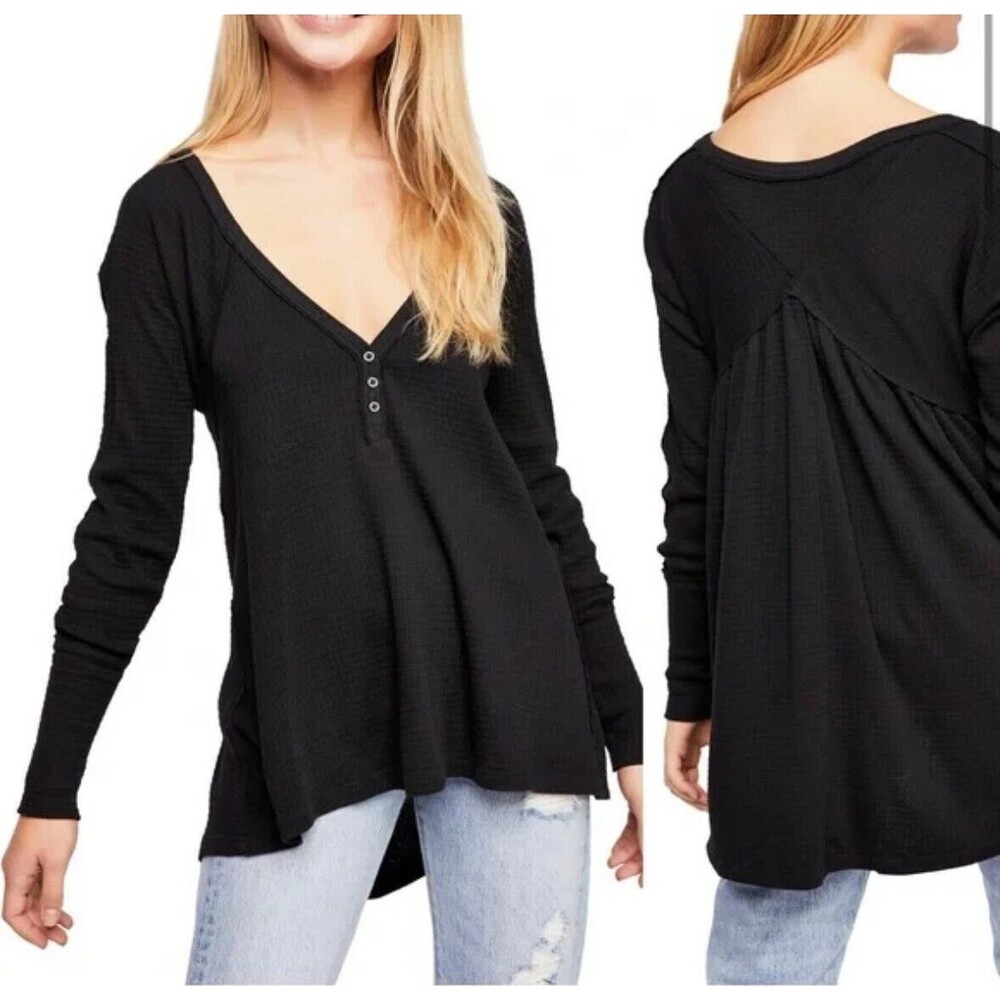 Free People Long Sleeve Waffle Knit Tunic Top Size XS V Neck Black Thermal